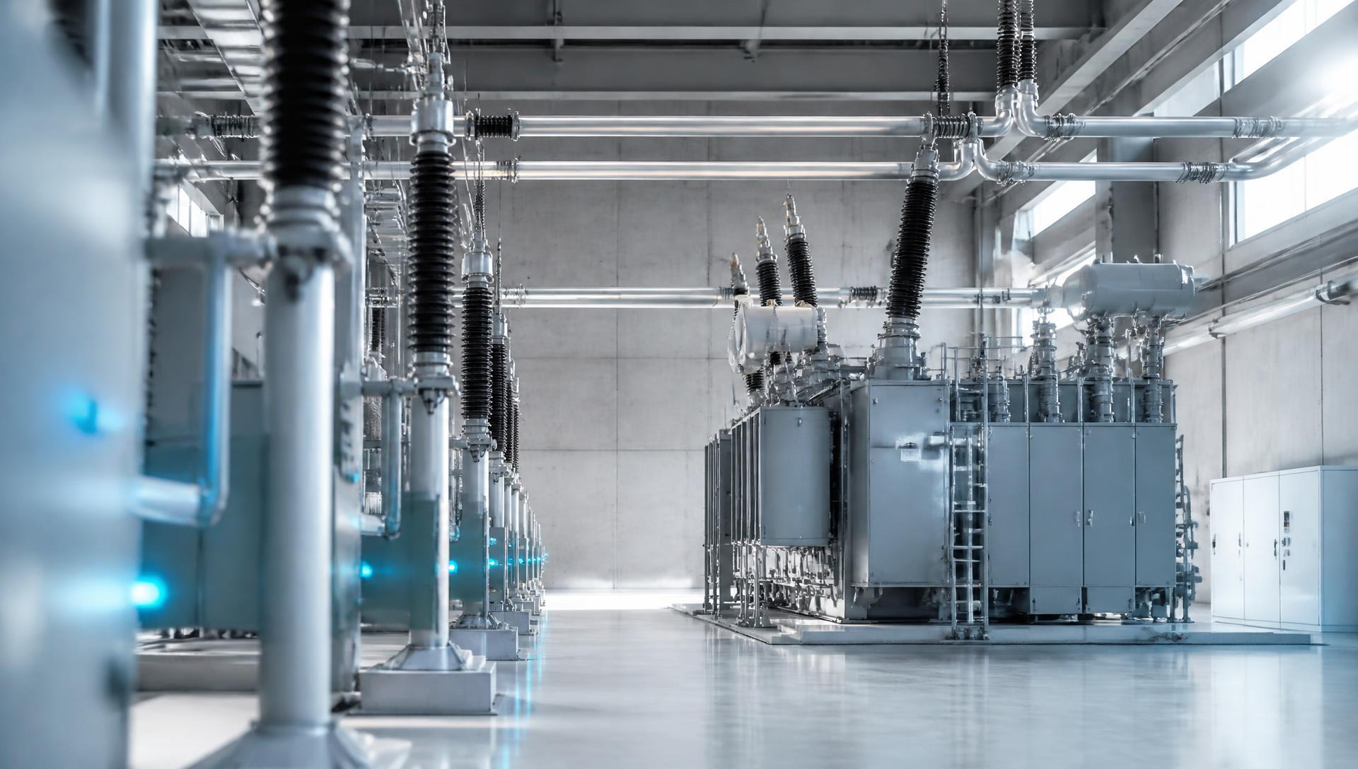 High-voltage substation interior with transformers and busbars