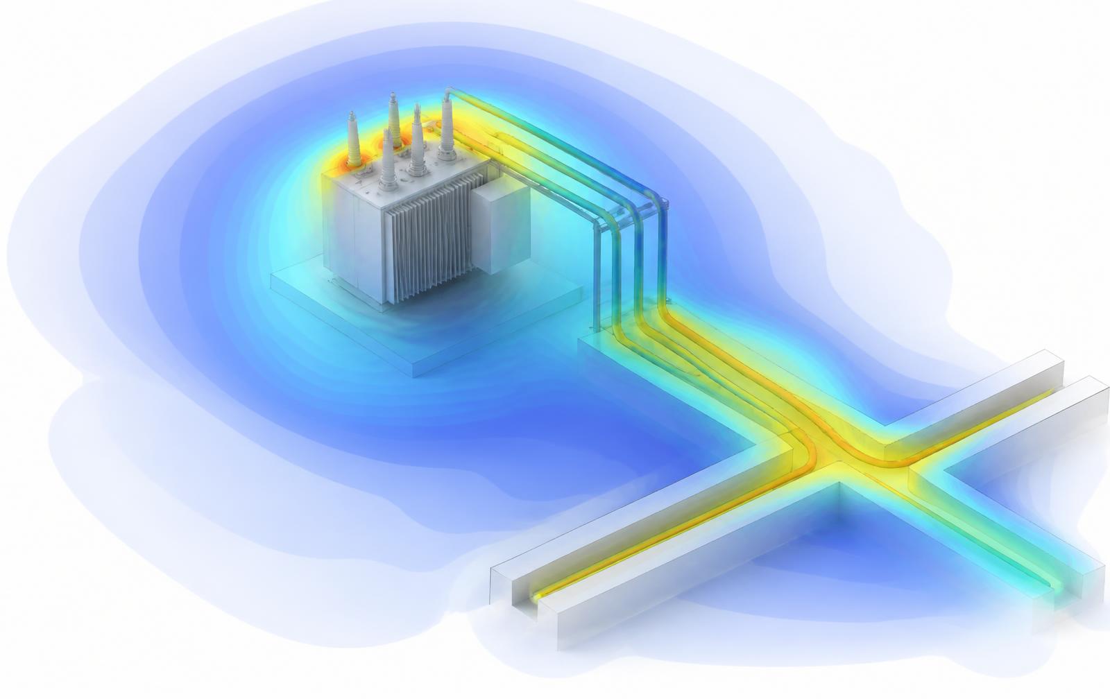 3D magnetic field simulation of a transformer and cable route